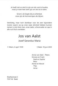 Jos van Aalst overleed op 18 juni 2025 (50 jaar genoot hij van R.K.S.V. 't Peeske) 1